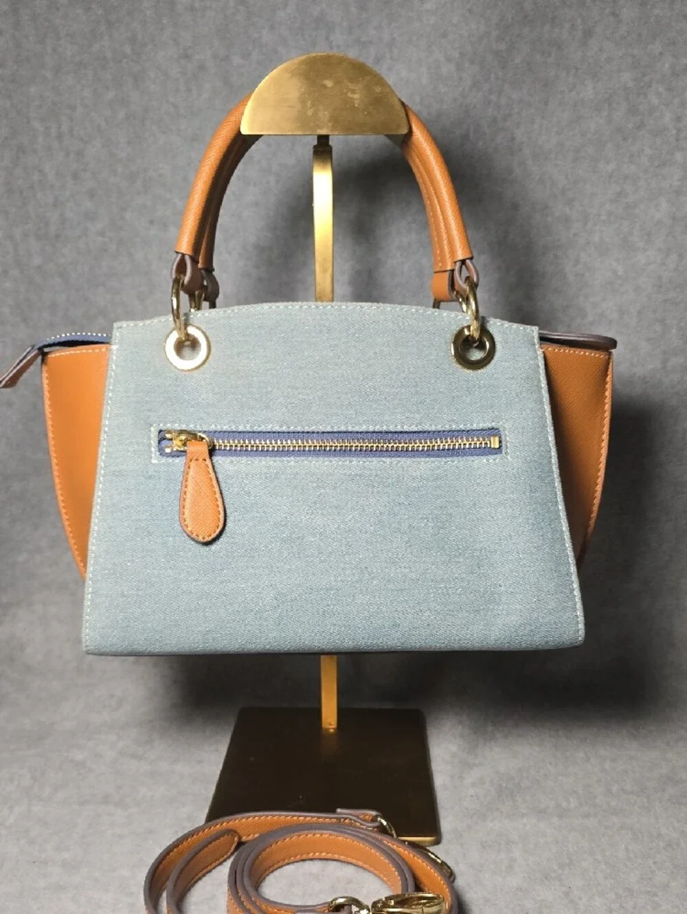 Light Blue Denim & Tan Leather Bow-Trim Satchel